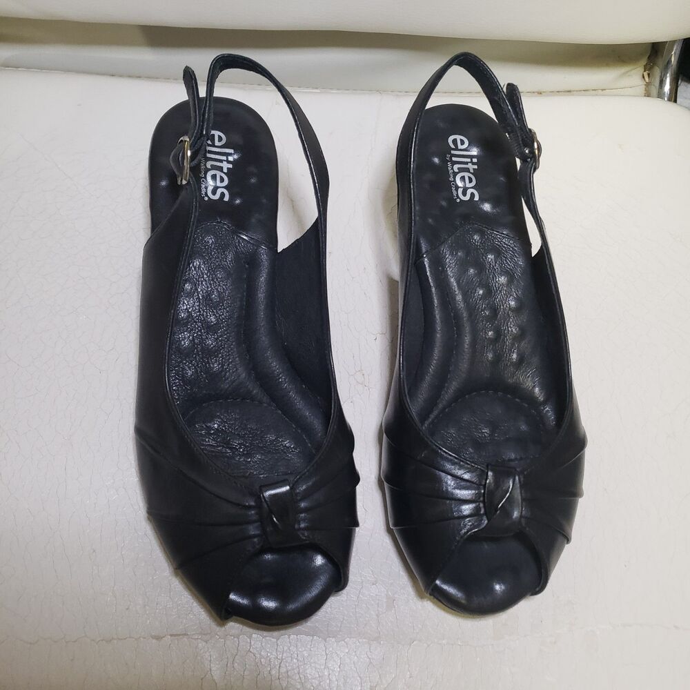 Elites by Walking Cradles black leather slingback peep-toe wedges7WW VVV